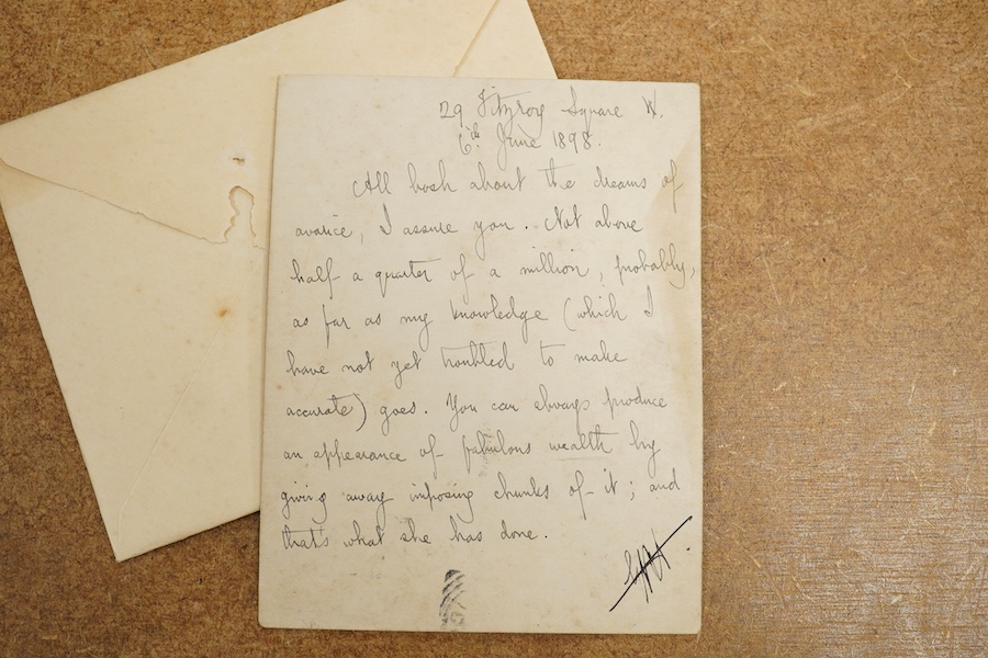 A pre-paid Victorian postcard written by George Bernard Shaw and dated 6th June 1898, with the address also in his hand, and initialled at the bottom of the letter, the letter reads
